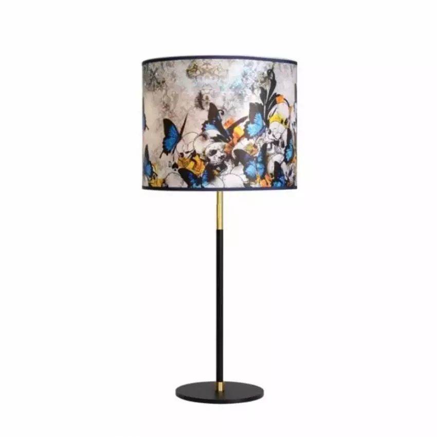 Lampe de table DAME DE PIQUE AMOR FATI / H. 68 cm - Ø 31 cm / Tissu / Blanc Bleu Jaune / Un autre Regard