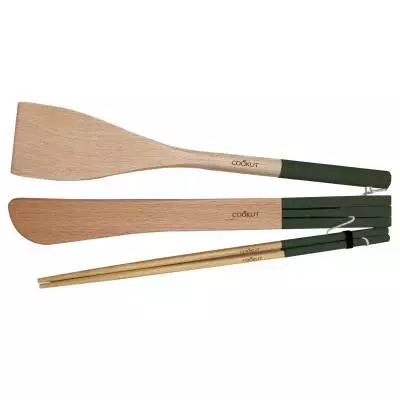 Set de 3 ustensiles spatule, pince et baguette INCROYABLE COCOTTE / Bois / Vert Fougère / Cookut