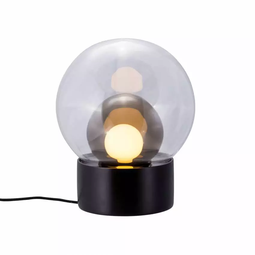Lampe à poser BOULE SMALL / Verre Transparent et Gris Fumé - Base : Noire