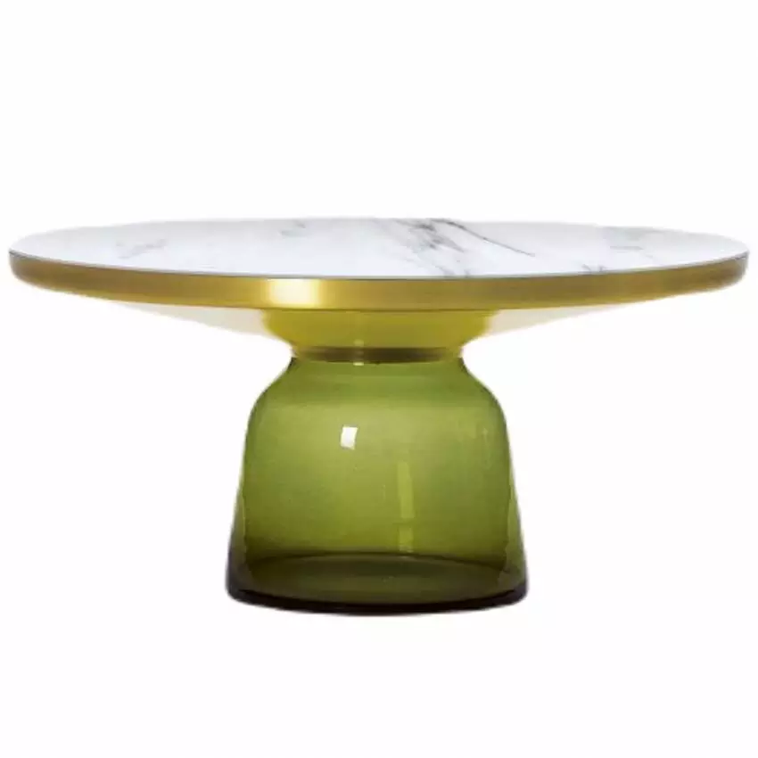 Table basse BELL / Ø 75 x H. 36 cm / Verre / Plateau marbre blanc / Laiton et Vert Olive / ClassiCon
